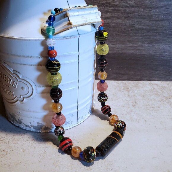 Artisan Jewelry - India Artisan Vintage 90s Glass Beads Black Multi Necklace OOAK Style F